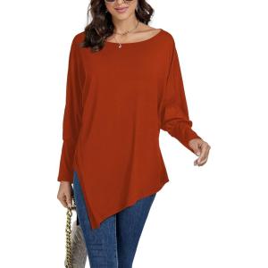 imageLYANER Womens Boat Neck Asymmetrical Hem Bat Long Sleeve Split Loose Tunic TShirt TopRed