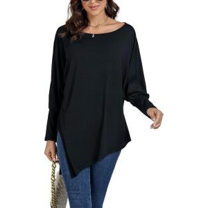 imageLYANER Womens Boat Neck Asymmetrical Hem Bat Long Sleeve Split Loose Tunic TShirt TopWine Red