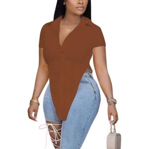 imageLYANER Womens Collar V Neck Button Front Short Sleeve Slit Hem Long Shirt Blouse TopBrown