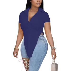 imageLYANER Womens Collar V Neck Button Front Short Sleeve Slit Hem Long Shirt Blouse TopDark Blue