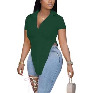 imageLYANER Womens Collar V Neck Button Front Short Sleeve Slit Hem Long Shirt Blouse TopDark Green