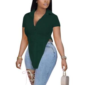 imageLYANER Womens Collar V Neck Button Front Short Sleeve Slit Hem Long Shirt Blouse TopDark Lake Blue