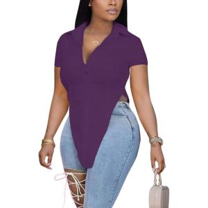 imageLYANER Womens Collar V Neck Button Front Short Sleeve Slit Hem Long Shirt Blouse TopDark Purple