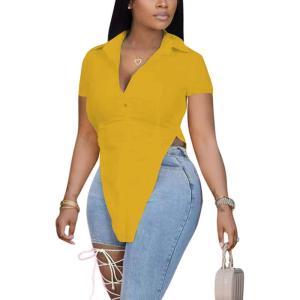 imageLYANER Womens Collar V Neck Button Front Short Sleeve Slit Hem Long Shirt Blouse TopGinger