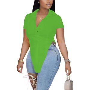 imageLYANER Womens Collar V Neck Button Front Short Sleeve Slit Hem Long Shirt Blouse TopGrass Green