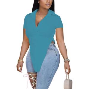 imageLYANER Womens Collar V Neck Button Front Short Sleeve Slit Hem Long Shirt Blouse TopMint Blue