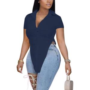 imageLYANER Womens Collar V Neck Button Front Short Sleeve Slit Hem Long Shirt Blouse TopNavy