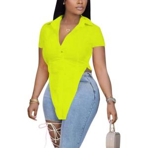 imageLYANER Womens Collar V Neck Button Front Short Sleeve Slit Hem Long Shirt Blouse TopNeon Yellow