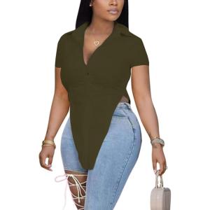 imageLYANER Womens Collar V Neck Button Front Short Sleeve Slit Hem Long Shirt Blouse TopOlive Green