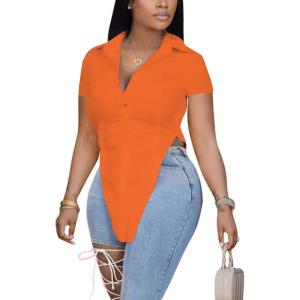 imageLYANER Womens Collar V Neck Button Front Short Sleeve Slit Hem Long Shirt Blouse TopOrange