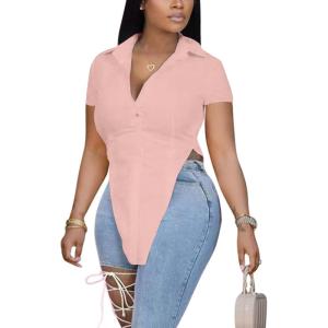 imageLYANER Womens Collar V Neck Button Front Short Sleeve Slit Hem Long Shirt Blouse TopPink