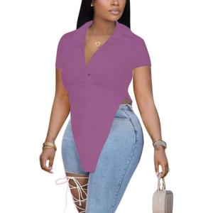 imageLYANER Womens Collar V Neck Button Front Short Sleeve Slit Hem Long Shirt Blouse TopPurple