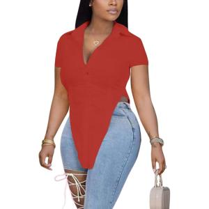 imageLYANER Womens Collar V Neck Button Front Short Sleeve Slit Hem Long Shirt Blouse TopRed