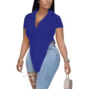 imageLYANER Womens Collar V Neck Button Front Short Sleeve Slit Hem Long Shirt Blouse TopRoyal Blue