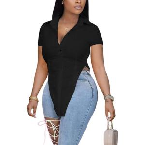 imageLYANER Womens Collar V Neck Button Front Short Sleeve Slit Hem Long Shirt Blouse TopSolid Black
