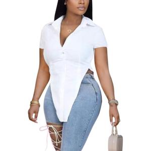 imageLYANER Womens Collar V Neck Button Front Short Sleeve Slit Hem Long Shirt Blouse TopSolid White