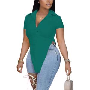 imageLYANER Womens Collar V Neck Button Front Short Sleeve Slit Hem Long Shirt Blouse TopTeal Blue