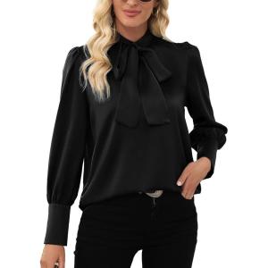 imageLYANER Womens Elegant Bow Tie Mock Neck Bow Knot Long Sleeve Work Office Satin Blouse Silk Shirt TopBlack