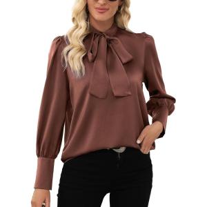 imageLYANER Womens Elegant Bow Tie Mock Neck Bow Knot Long Sleeve Work Office Satin Blouse Silk Shirt TopBrown