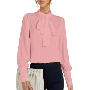 imageLYANER Womens Elegant Bow Tie Mock Neck Bow Knot Long Sleeve Work Office Satin Blouse Silk Shirt TopPink