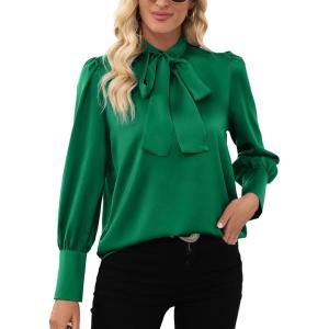 imageLYANER Womens Elegant Bow Tie Mock Neck Bow Knot Long Sleeve Work Office Satin Blouse Silk Shirt TopPure Green