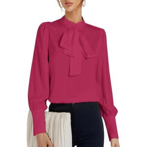 imageLYANER Womens Elegant Bow Tie Mock Neck Bow Knot Long Sleeve Work Office Satin Blouse Silk Shirt TopRose