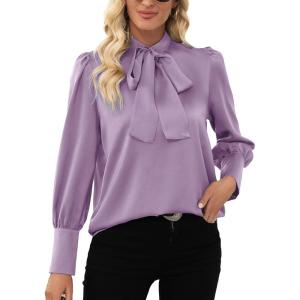 imageLYANER Womens Elegant Bow Tie Mock Neck Bow Knot Long Sleeve Work Office Satin Blouse Silk Shirt TopViolet
