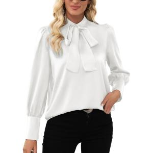 imageLYANER Womens Elegant Bow Tie Mock Neck Bow Knot Long Sleeve Work Office Satin Blouse Silk Shirt TopWhite