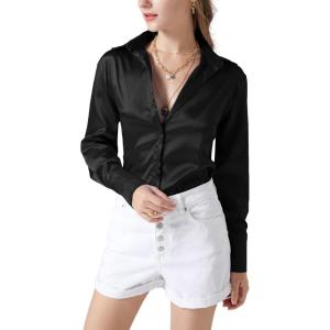 imageLYANER Womens Satin Silky Collar Buttons Down Long Sleeve Work Blouse Shirt TopsBlack