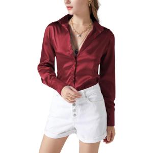 imageLYANER Womens Satin Silky Collar Buttons Down Long Sleeve Work Blouse Shirt TopsBurgundy