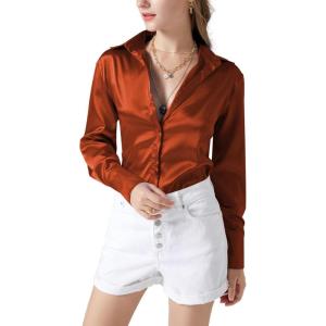 imageLYANER Womens Satin Silky Collar Buttons Down Long Sleeve Work Blouse Shirt TopsBurnt Orange