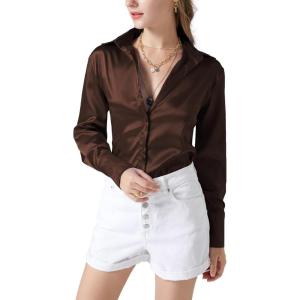 imageLYANER Womens Satin Silky Collar Buttons Down Long Sleeve Work Blouse Shirt TopsCoffee