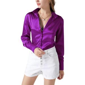 imageLYANER Womens Satin Silky Collar Buttons Down Long Sleeve Work Blouse Shirt TopsDeep Purple