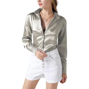 imageLYANER Womens Satin Silky Collar Buttons Down Long Sleeve Work Blouse Shirt TopsGrey