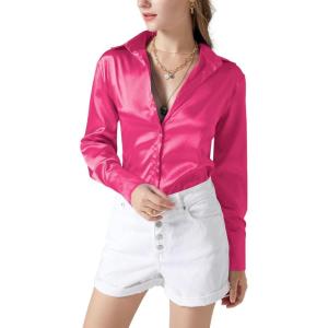 imageLYANER Womens Satin Silky Collar Buttons Down Long Sleeve Work Blouse Shirt TopsRose