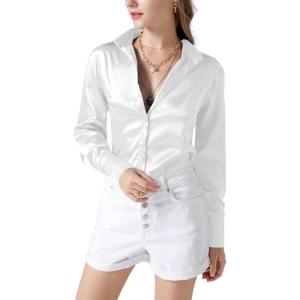 imageLYANER Womens Satin Silky Collar Buttons Down Long Sleeve Work Blouse Shirt TopsWhite