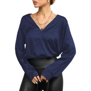 imageLYANER Womens Satin Silky Deep V Neck Long Sleeve Work Elegant Blouse TopNavy Blue