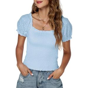 imageLYANER Womens Square Neck Shirred Eyelet Embroidered Puff Short Sleeve Ruffle Trim Blouse Crop TopAzure