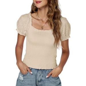 imageLYANER Womens Square Neck Shirred Eyelet Embroidered Puff Short Sleeve Ruffle Trim Blouse Crop TopBeige