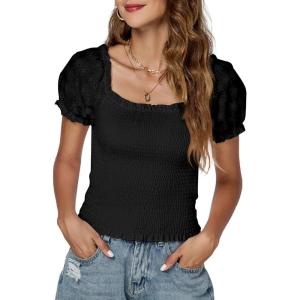 imageLYANER Womens Square Neck Shirred Eyelet Embroidered Puff Short Sleeve Ruffle Trim Blouse Crop TopBlack