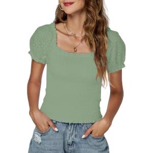 imageLYANER Womens Square Neck Shirred Eyelet Embroidered Puff Short Sleeve Ruffle Trim Blouse Crop TopLight Green