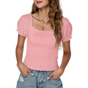imageLYANER Womens Square Neck Shirred Eyelet Embroidered Puff Short Sleeve Ruffle Trim Blouse Crop TopPink