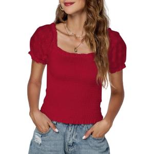 imageLYANER Womens Square Neck Shirred Eyelet Embroidered Puff Short Sleeve Ruffle Trim Blouse Crop TopRed
