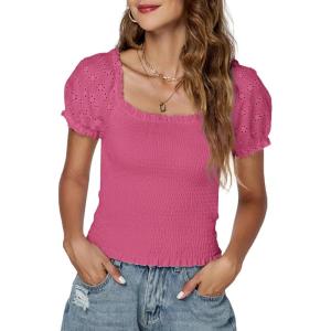 imageLYANER Womens Square Neck Shirred Eyelet Embroidered Puff Short Sleeve Ruffle Trim Blouse Crop TopRose