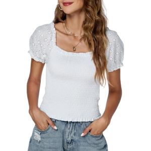 imageLYANER Womens Square Neck Shirred Eyelet Embroidered Puff Short Sleeve Ruffle Trim Blouse Crop TopWhite