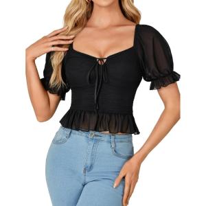 imageLYANER Womens Sweetheart Neck Self Tie Knot Ruched Mesh Short Sleeve Blouse Shirt Crop TopBlack