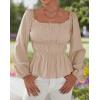 imageLYANER Womens Frill Smock Retro Square Neck Long Sleeve Shirred Blouse TopsBeige