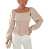 imageLYANER Womens Frill Smock Retro Square Neck Long Sleeve Shirred Blouse TopsBeige