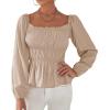imageLYANER Womens Frill Smock Retro Square Neck Long Sleeve Shirred Blouse TopsBeige