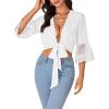 imageLYANER Womens Sexy Tie Front Shirt Deep V Neck Lace Short Sleeve Wrap Crop Top BlouseWhite